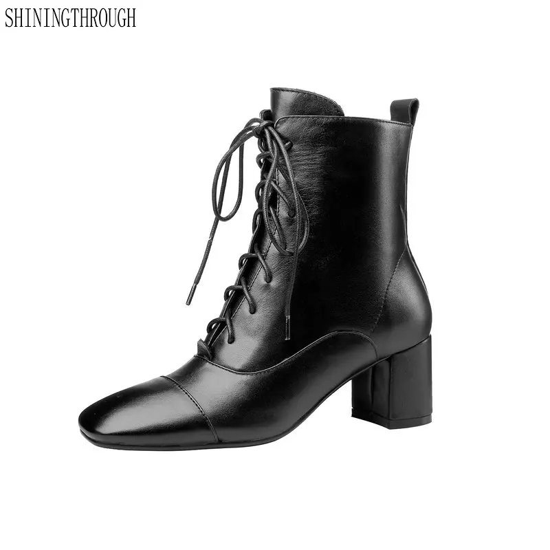 

Genuine leather women lace up ankle Boots 5cm High Heels women Boots square toe office ladies Autumn Winter party dress shoes