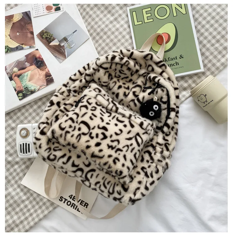 Soft Faux Fur women backpack big capacity Winter Leopard print