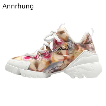 

New 2020 Spring Casual Shoes Woman Colorful Printed Color Thick Bottom Platform Shoes Cross-tied Trainers Running Sneakers