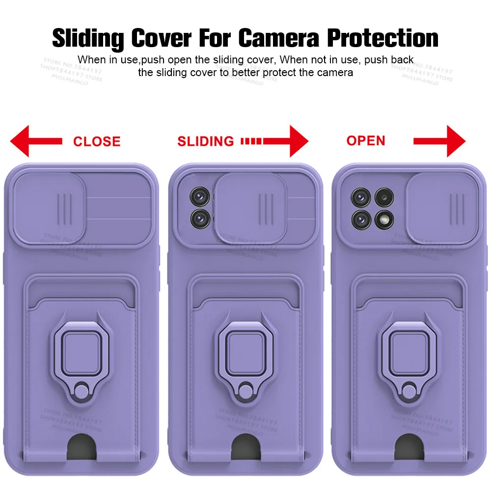 Slide Camera Lens Protection Case For Samsung Galaxy A22 5G Card Slot Stand Holder Magnetic Cover For Samsung Samsun A 22 22A kawaii samsung phone cases