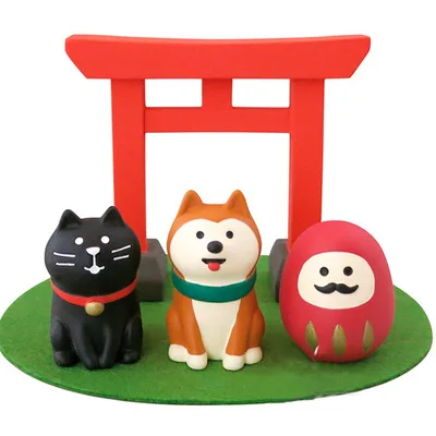 Japanese genuine bulks miniature decoration kawaii cartoon pet puppy shiba inu black cat tumbler Red Gate torii model figures