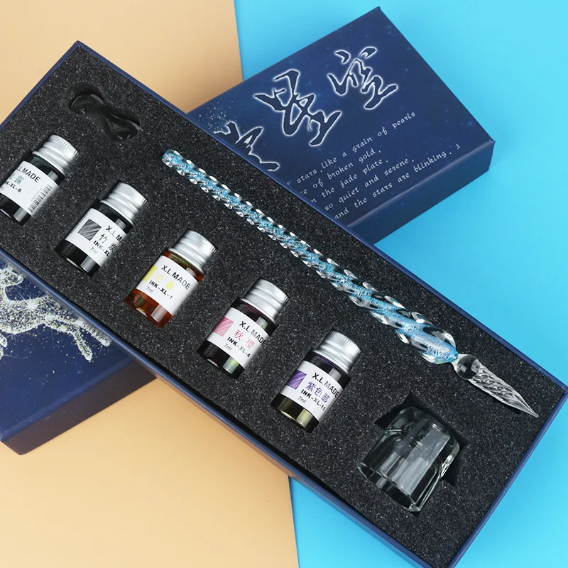 

Silver Foil Glass Dip Pen And Ink Sets Fashion Signature Pens Color Ink Cartoon Trial Color Pencil New Glass Pencils Gifts