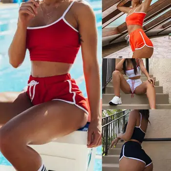 

2pcs Set Women's Summer Sleeveless Strapless Crop Top Solid Color Drawstring Shorts Bodycon Outfit Short Casual Sport Suit