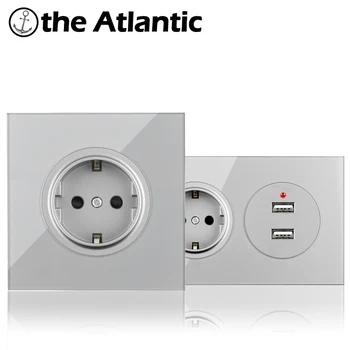 

DE Standard Power Socket With Dual USB Charging Port Double Socket 2 Gang Socket Electrical Outlet Silver Gray Glass 86 146 Type