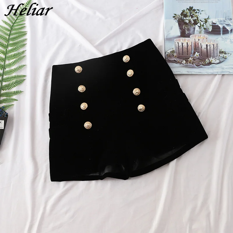 

HELIAR Woolen Fashion Velvet Shorts Women's Black Buttons Style Casual Zipper Fly Short Autumn Femme Elegant Winter Shorts 2019