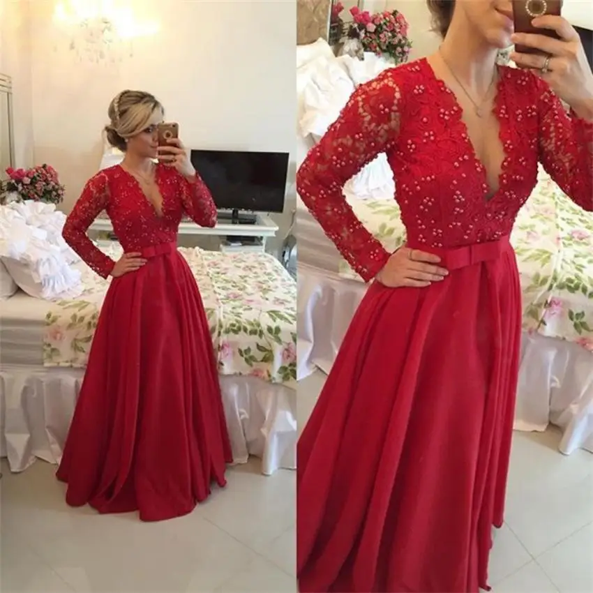 

Elegant Red Long Sleeve Lace Prom Dress 2015 Sexy Deep V-Neck Sheer Back Pearls Long Evening dress Vestidos de fiesta