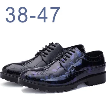 

Blue Desinger Brogue Oxford Shoes for Men Italian Formal Ballroom Dress Footwear New Male Patent Leather Flats Shoes