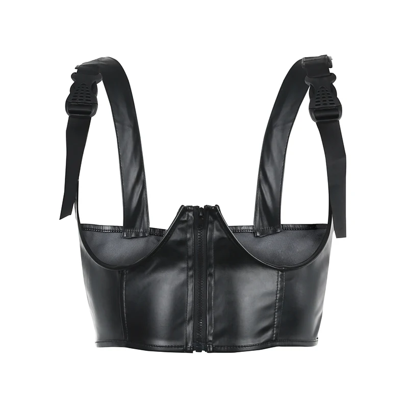 Darlingaga Streetwear Punk PU Leather Crop Top Women Buckle Zipper Gothic Tank Top Suspenders Strap Summer Tops Camisole Clothes