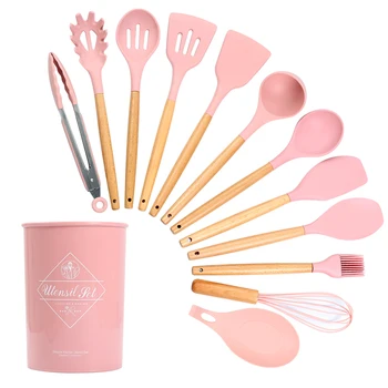 

12PCS Silicone Cooking Utensils Set Non-stick Spatula Shovel Wooden Handle Cooking Tools Set With Storage Box Kitchen Tools
