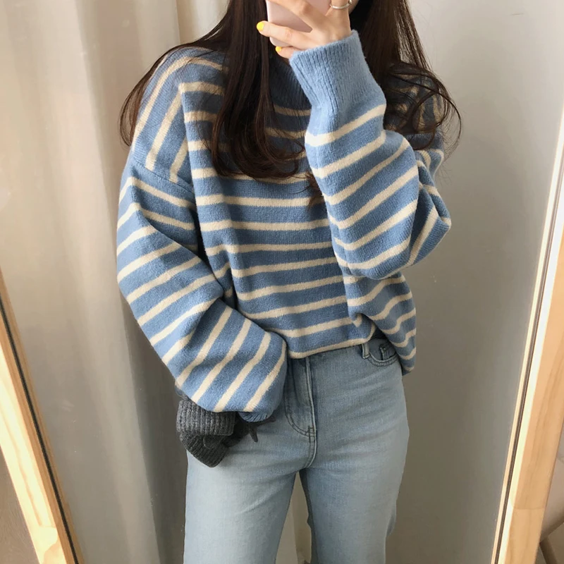 

New Autumn / Winter 2020 Women's Sweater Knitted Pullover Thickened Warm Stripe Half High Collar Long Sleeve Loose Large Size