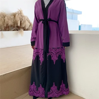 

Siskakia Paisley Lace embroidery Patchwork Women Abaya Dubai Open Front Lace Up Loose Pluis Size Kimono Cardigan Robes Eid Islam