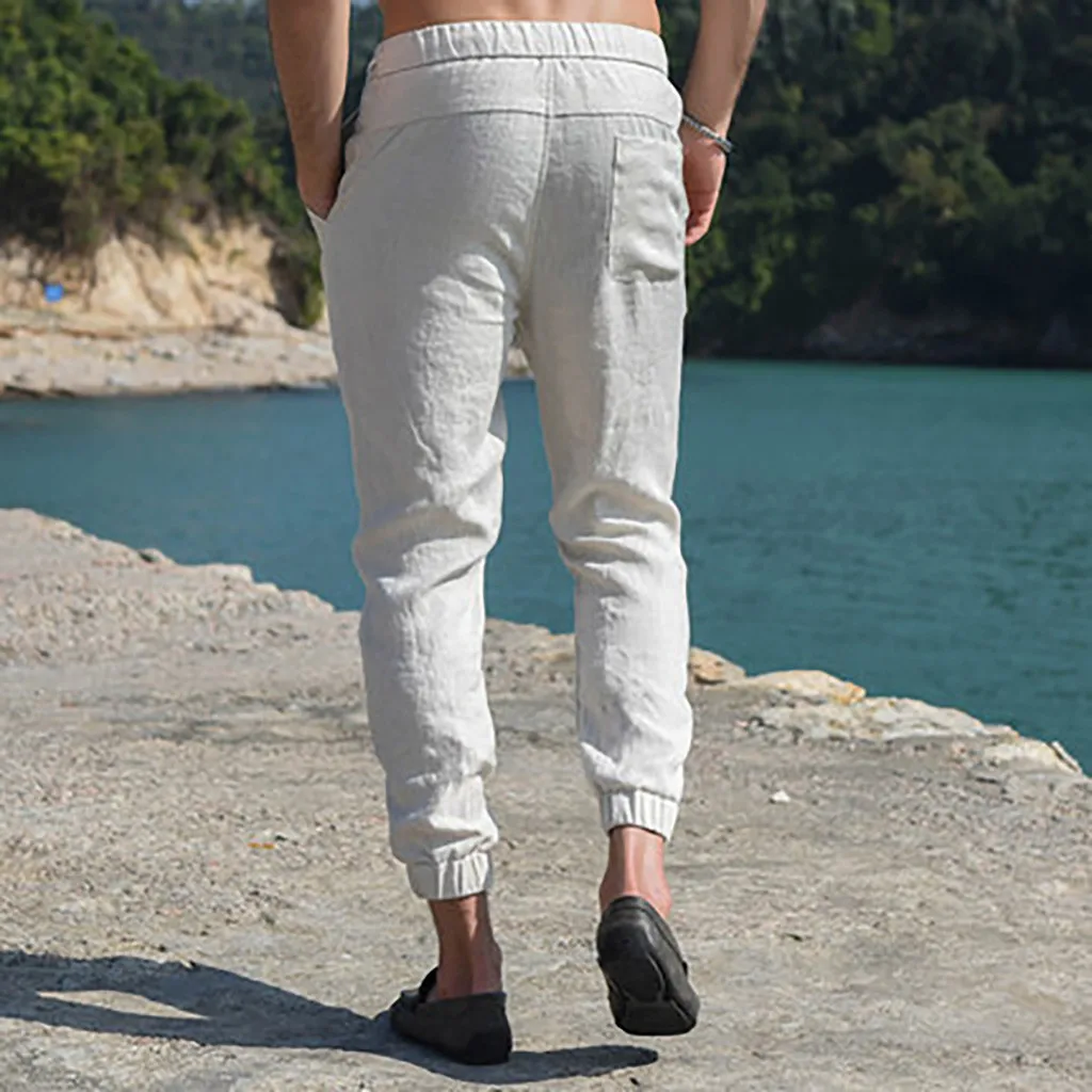 Мужские брюки, модные мужские льняные брюки, белые брюки для работы, повседневные мужские однотонные прямые спортивные хип-хоп длинные штаны с эластичной талией, j731