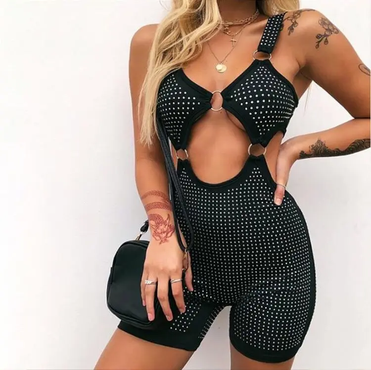 

Women Sexy Short Playsuit Black Diamond Rompers 2019 New Female Elastic Skinny Sexy Party Bodysuits