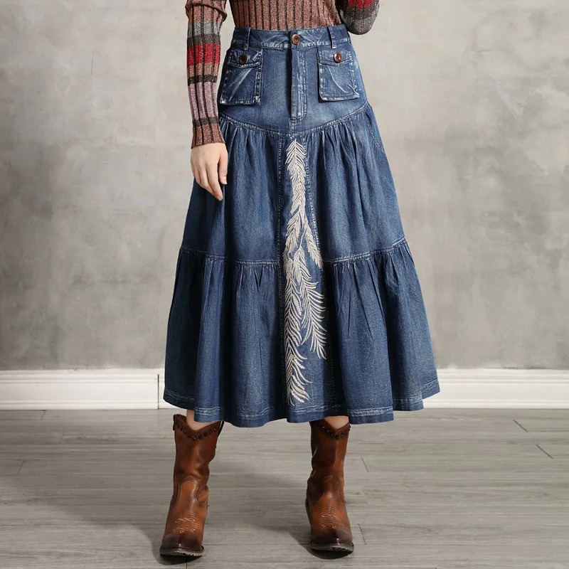 Johnature Women Embroidery Floral Denim Skirts Blue Pockets 2021 Autumn New Vintage A-Line Female Chinese Style | Женская одежда