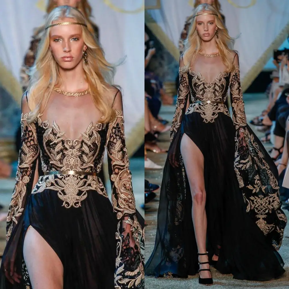 

Женское платье с длинным рукавом, сексуальное платье с высоким разрезом и золотыми аппликациями, платье для выпускного вечера, индивидуальный пошив