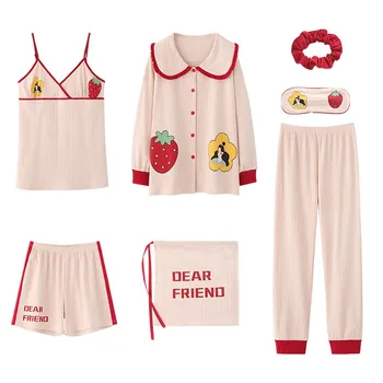 

Soft Cotton 7PCS Sleep Set Bathrobe Casual Sleepwear Pajamas Suit Cute Lady Nightwear Pijamas Autumn New Nightgown Kimono Gown
