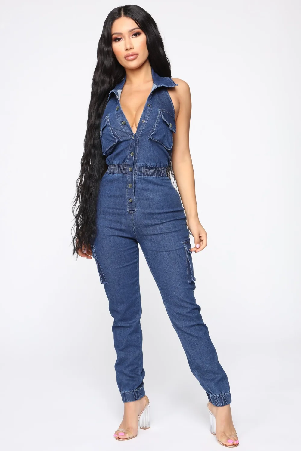 halter denim jumpsuit