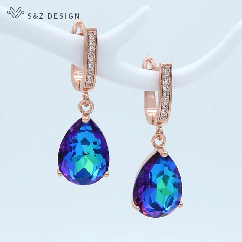 S&Z DESIGN New Fashion Luxury Water Drop Crystal 585 Rose Gold Color Dangle Earrings For Women Wedding Engagement Jewelry