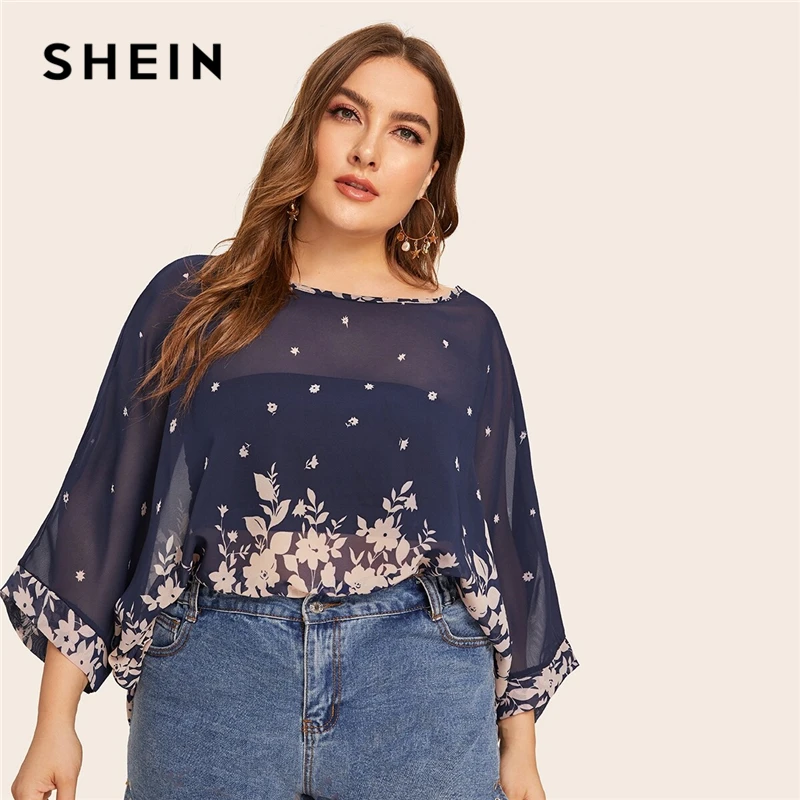 SHEIN плюс размер темно-синий цветочный принт рукав «летучая мышь» прозрачная блузка Топ для женщин Лето 3/4 Длина рукав круглый вырез повседневные блузки