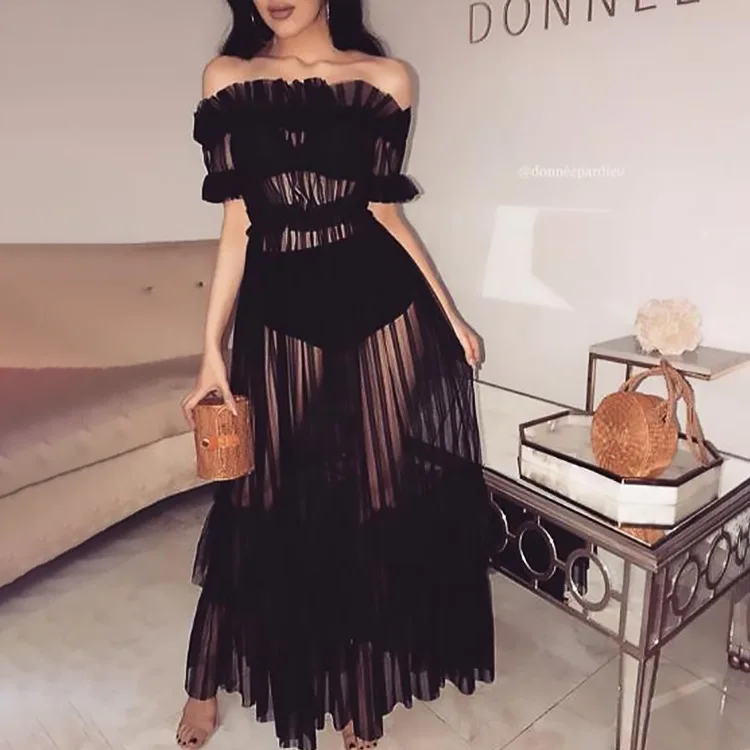 

Women Ruffle Off Shoulder Mesh Swimsuits Cover-Ups Sheer See Through Bikini Cover Up Tulle Lace Beach Long Dress