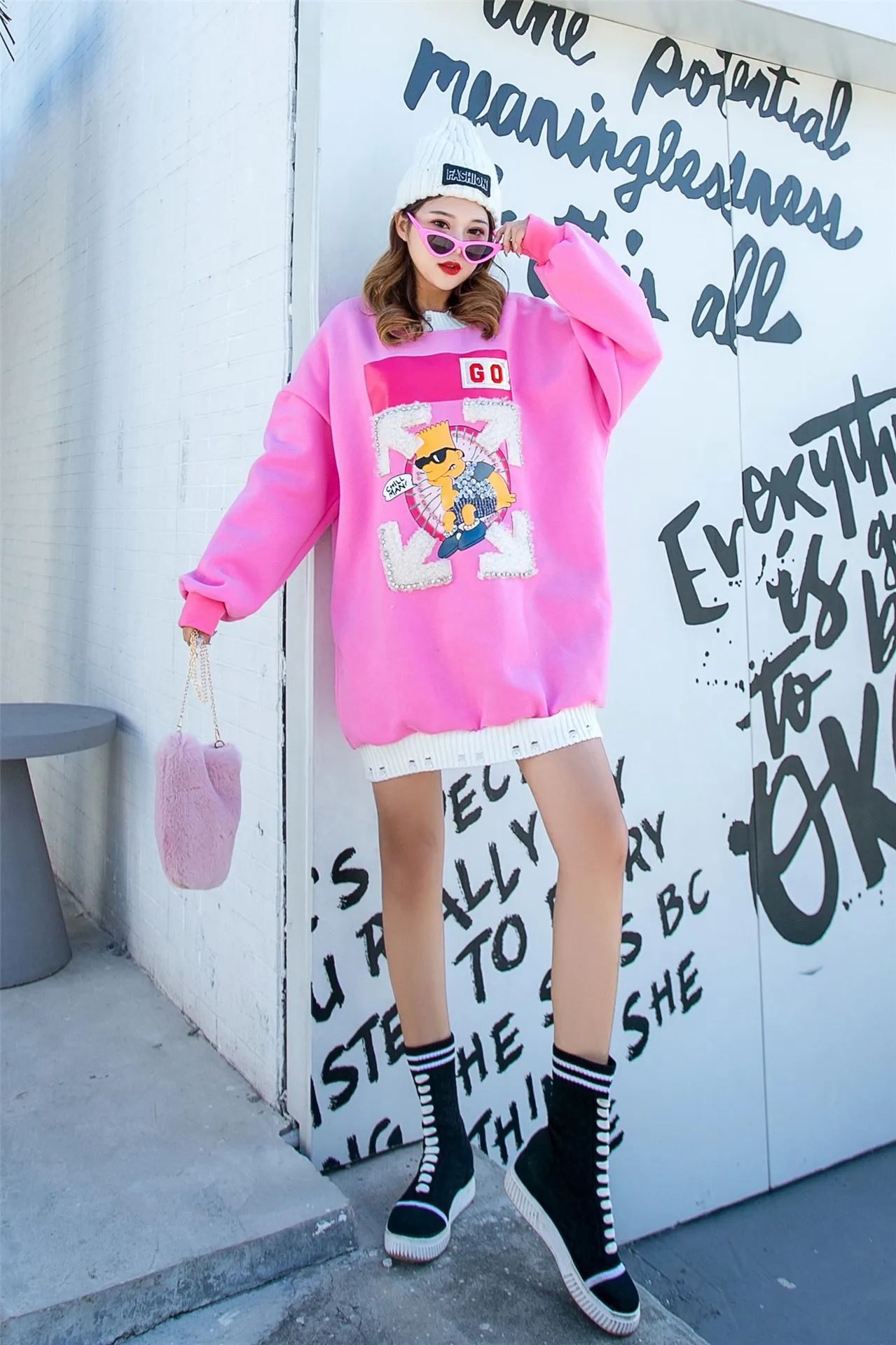 Women Plus Size Loose Fleece Jumper Cartoon Studded Long Sweatshirts Winter Warm Thick Pullovers Tops