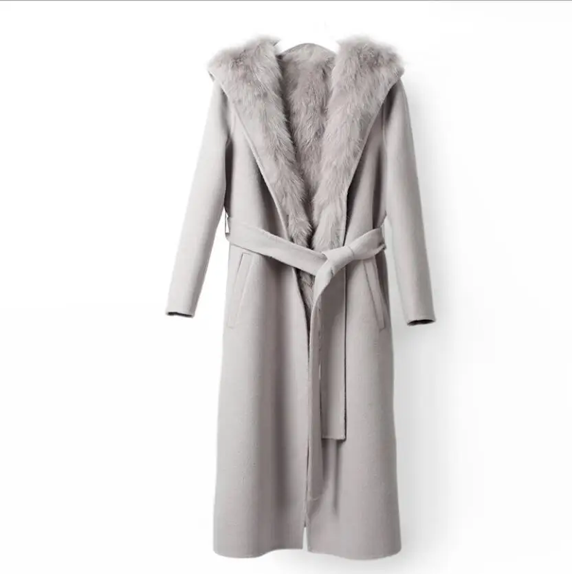 Новинка кашемировое пальто с капюшоном зимняя куртка для женщин теплое шерстяное пальто съемный натуральный Лисий мех подкладка Длинная Верхняя одежда с поясом