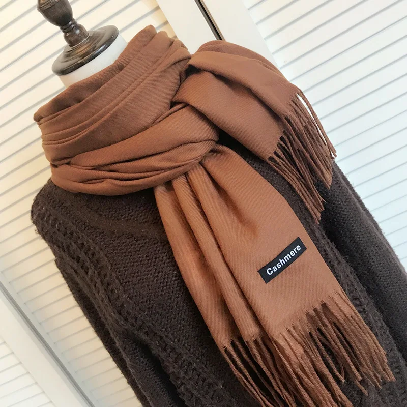 Осень и зима мода толстый теплый длинный сплошной цвет имитация кашемира с кисточками шарф шаль двойного назначения Карамель - Цвет: caramel