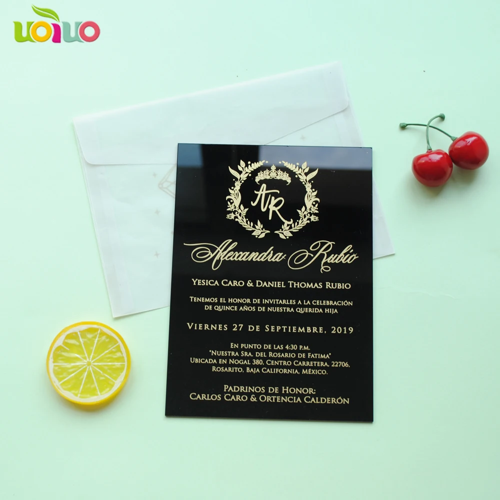 

black acrylic card with custom gold printing with Sulfuric acid paper envelop,translucent envelop