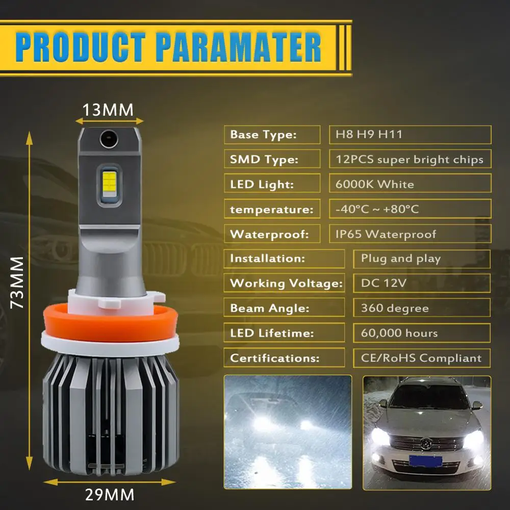 2x H11 H7 H1 9005 светодиодный лампы H4 фар автомобиля H8 H9 HB3 9012 9006 HB4 16000LM белый 6500 к Авто 12v
