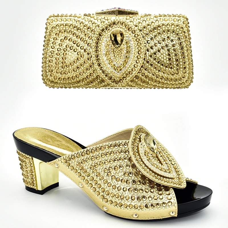 Итальянская обувь с сумочкой в комплекте; Высококачественная Роскошная обувь; женские дизайнерские туфли-лодочки в нигерийском стиле с сумочкой для вечеринки; женская обувь на высоком каблуке - Цвет: Золотой