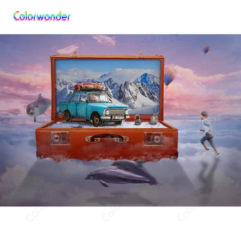 

Boy Running on the Clouds with Dolphins and Colorful Hot Air Balloons Red Wooden Box with Snow Mountain and Blue Car Backdrops