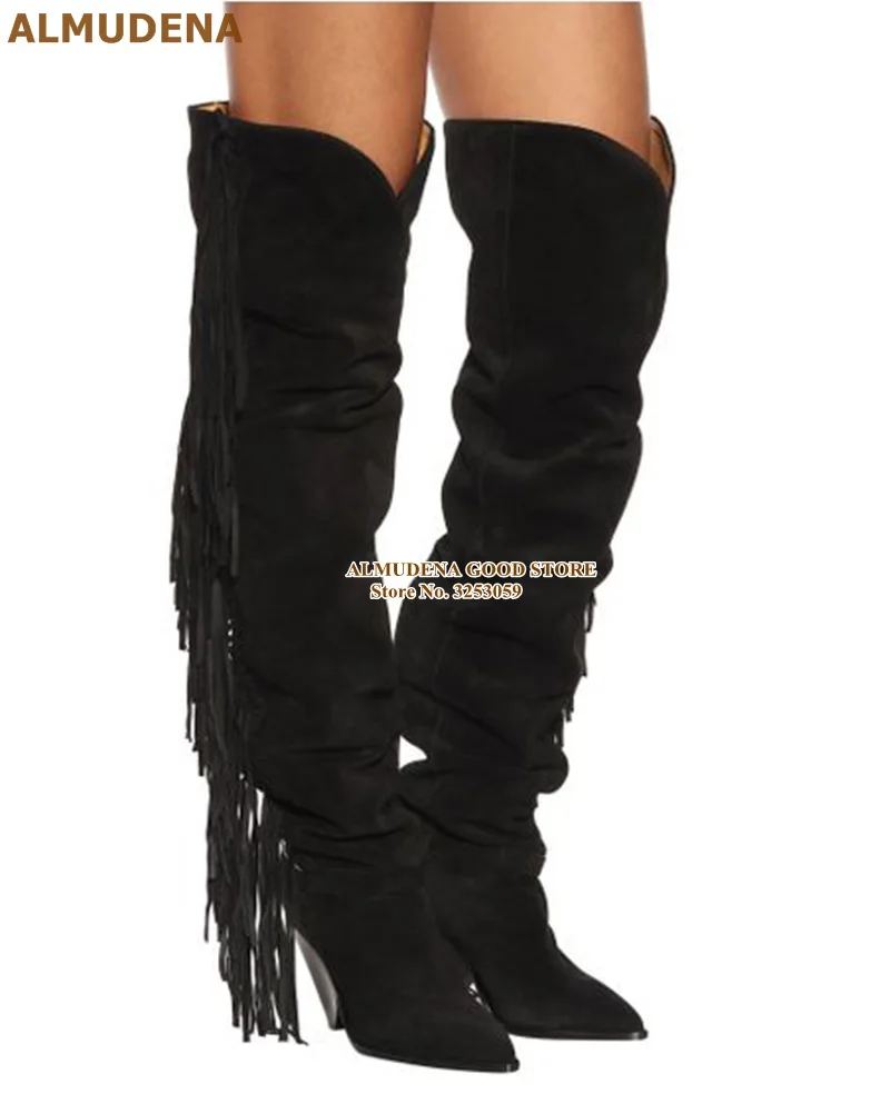 

ALMUDENA Spike Heels Fringe Over-the-knee Boots Black Suede Pointed Toe Thigh High Tassel Boots Ankle Strap Gladiator Shoes Size