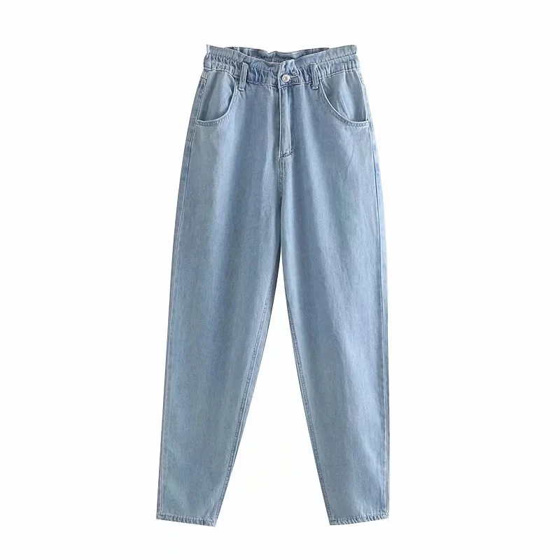 Увядшие английские высокие уличные пакеты винтажные джинсы для мамы женские джинсы с эластичной талией с высокой талией свободные Джинсы бойфренда для женщин - Цвет: Небесно-голубой