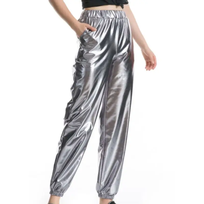 Женские блестящие металлические штаны для бега, голографические спортивные штаны, шаровары для хип-хоп танцев, Клубная уличная одежда с карманами - Цвет: Серый