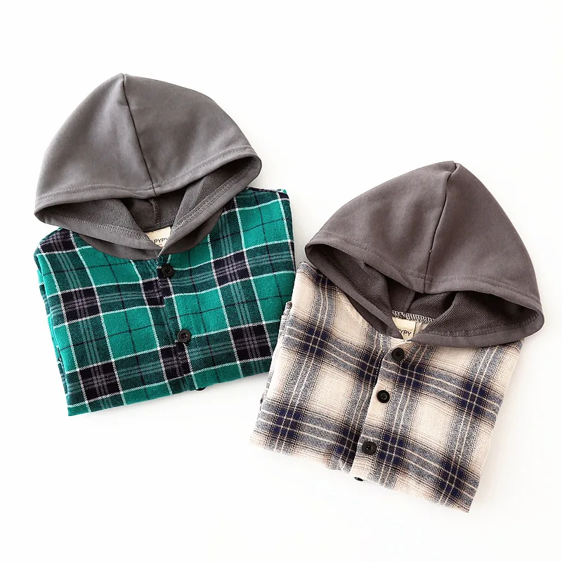 Korean children Clothing Boys long-sleeved shirt baby with a hat plaid shirt in the children's spring and autumn cloth