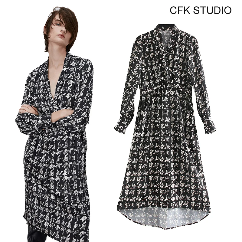 Женское платье mididress с v-образным вырезом и цветочным принтом длинным рукавом