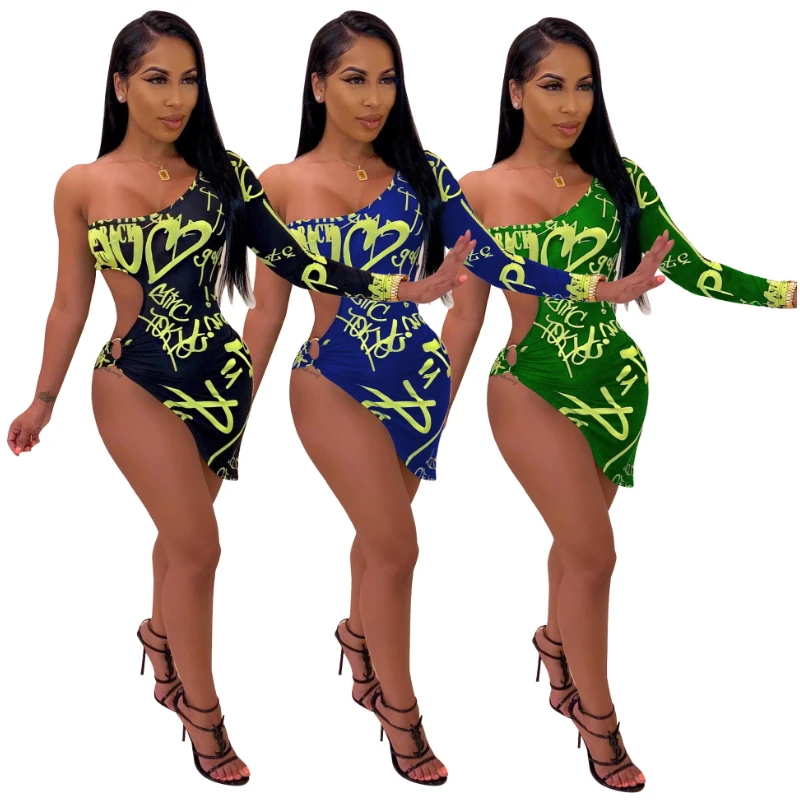 Граффити Письмо печати Bodycon Утягивающее облегающее платье мини одно плечо