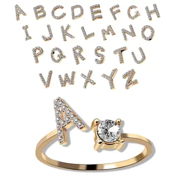

Cute 26 Letters Rings For Women Adjustable Rhinestone CZ Zircon Ring Alphabet Letter Initial Tiny Open Rings Finger Accessories