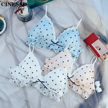 

Japanese The New underwear Triangle cup No rims Bra set student Flocking Thin section fairy Beautiful girl bow-knot women star