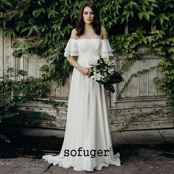 

White Ivory Beach Chiffon Boat Neck Wedding Dress Short Sleeves Robe De Mariee Sofuge Boho Dubai Arabic Abiti Da Sposa