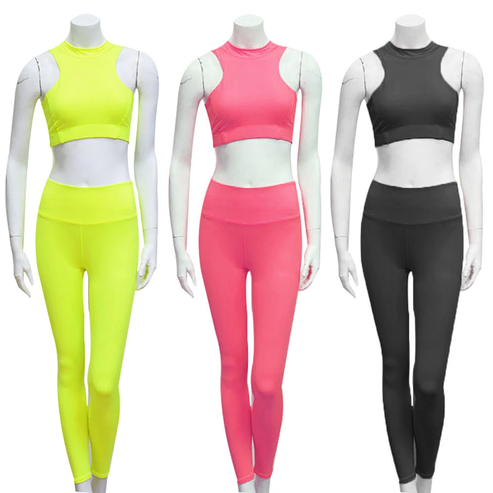 

Women's 2 Pieces Back Zipper Fluorescent Color Yoga Set Fitness Sports Suit Outfits Ankle-Length Stretch Gym Sets