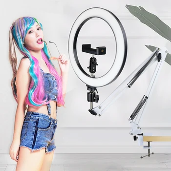 Online Dimmbare LED Selfie Ring Licht Mit Stativ Telefon Halter Für Make-Up Youtube Video Lebt Studio Schreibtisch Langen Arm Fotografie Beleuchtung