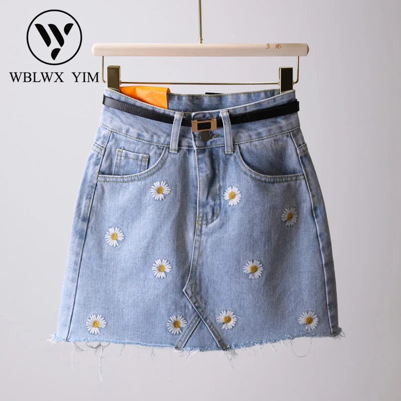 Small daisies Embroidery Denim Skirt 