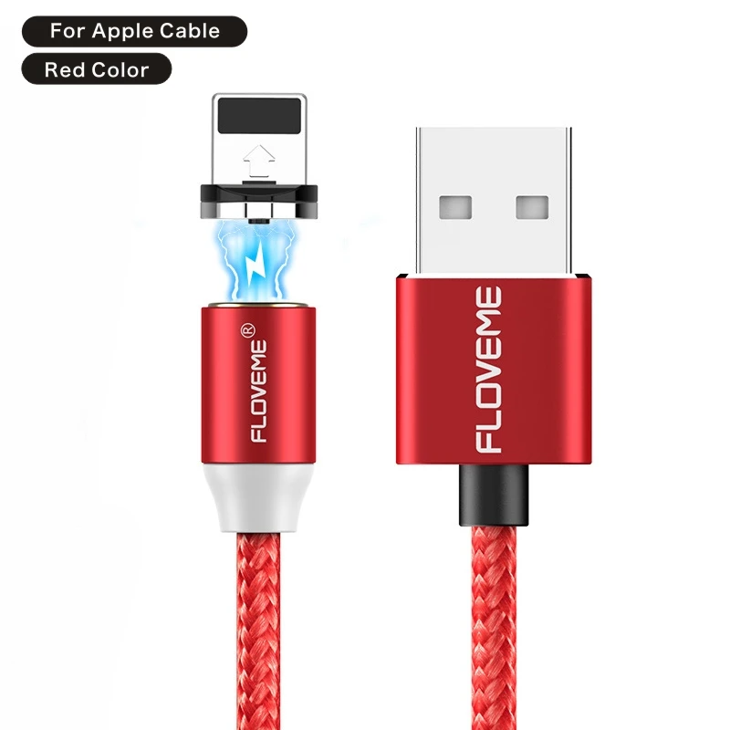 FLOVEM Магнитный кабель Micro usb type C USB-C кабель 1 м 2 м светодиодный короткий usb кабель для зарядки магнитное зарядное устройство круглый разъем для iPhone XR - Цвет: For Apple Red