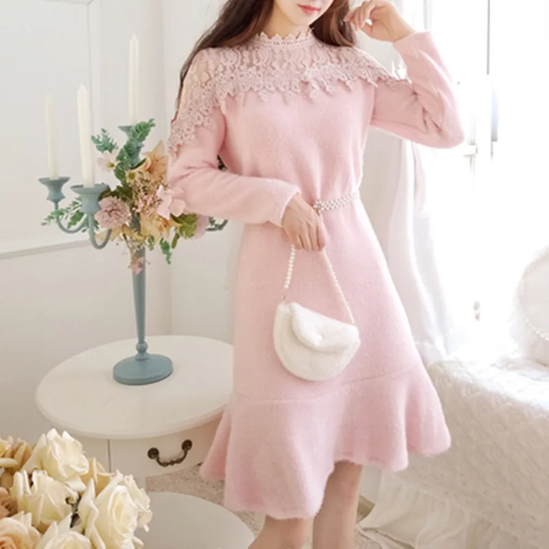pink YUZACDWX Vestidos Verano Mujer осень и зима новое длинное кружевное модное женское плюшевое приталенное платье - Цвет: pink