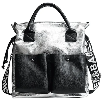 

Large Capacity Women Bags Fashion Shopping Bag Double Pocket Girl Casual Tote Young Lady Handbags Shoulder Bag Silver