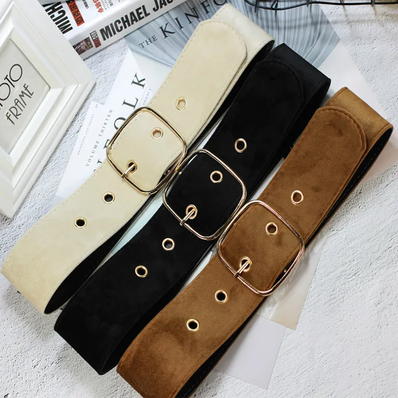 

Retro Velvet Women Wide Belt For Jeans Dress Fashion Square Buckle Belt Solid Color Simple Female Decoration Belt cinto feminino
