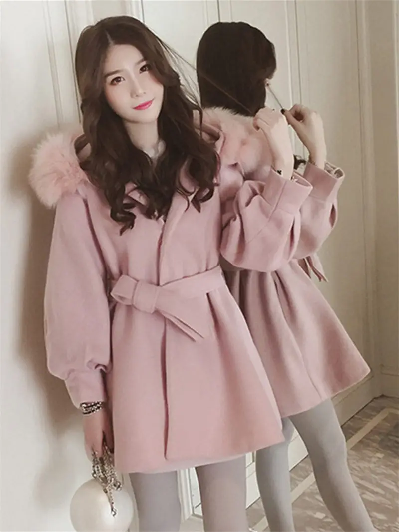 Осень и зима новое розовое шерстяное пальто женское корейское свободное с капюшоном и поясом полный рукав офисное Женское шерстяное пальто куртка f2122 - Цвет: pink