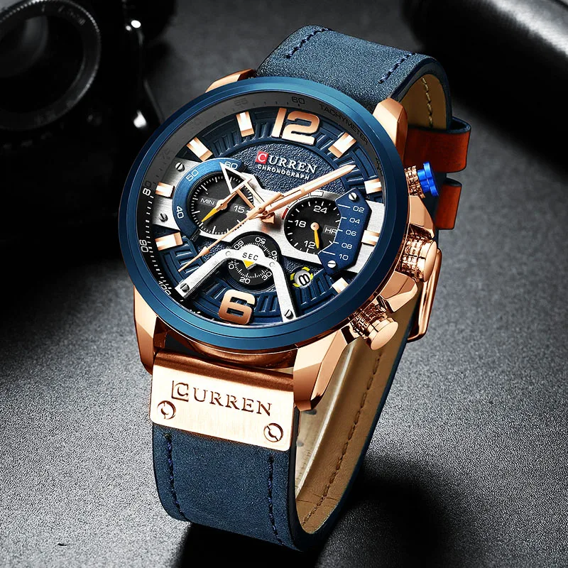 CURREN Мужские модные часы с хронографом от ведущего бренда, Роскошные Кварцевые часы, мужские кожаные водонепроницаемые спортивные часы Relogio Masculino 8329