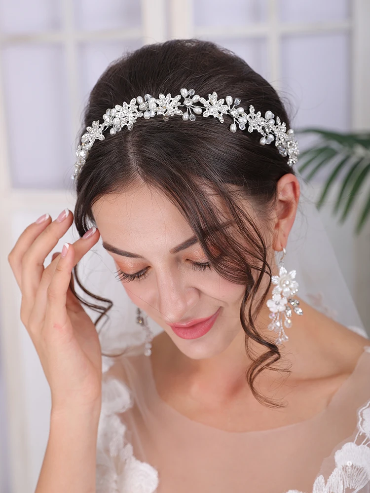 Hair Accessories Bridal Hair Accessories Bridal Jewelry Set Silver Tiara Rhinestone Pearl Headband
